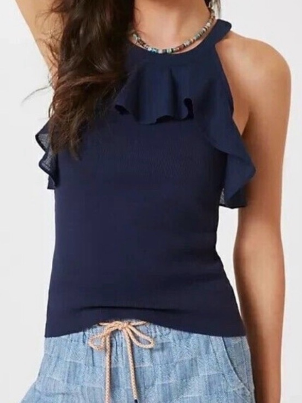 Maeve by Anthropologie Women’s Navy Ruffle Cold-Shoulder Top M